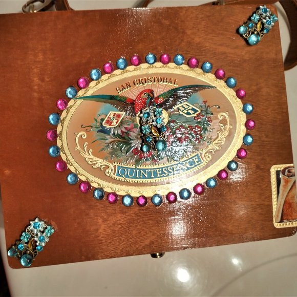 Suenos de Saundra Upcycled Pink/Turquoise Gem Upcycled Cigar Box Purse - Picture 10 of 13